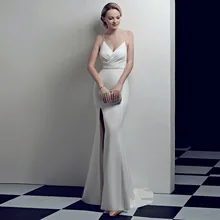 

White Long Tail Dress with Beads Women Spaghetti Straped Train Evening Dresses Gowns Ladies Wedding Robes Sexy V Neck Slit Prom