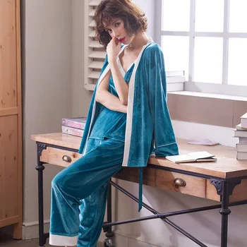 

Women's Pajamas Set 3 Pieces Gold Velvet Keep Warm Soft Sexy Pajamas Set Long Sleeve And pants Female Sleepwear Home Clothing