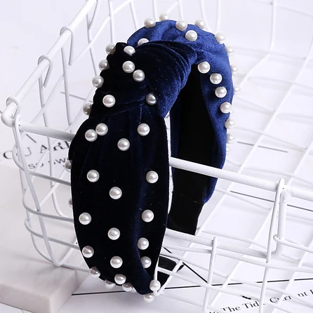 Однотонная бархатная повязка на голову с жемчугом зимняя Узловая широкая повязка для волос ободок женские повязки, резинки для волос женские аксессуары для волос - Цвет: navy blue