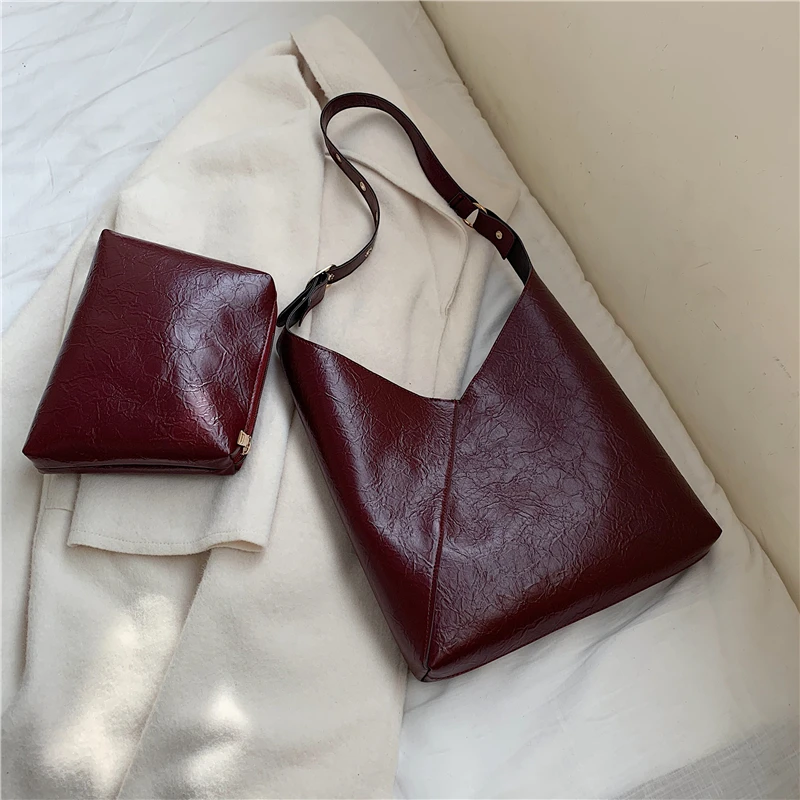 Бургундия Solid Color Vintage Leather Bucket Bags For Women Shoulder Crossbody Messenger Bag Female Small Handbags and Purses - Цвет: Бургундия
