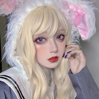 

AILIADE Long Golden Wavy Wigs Cosplay Natural Synthetic Women' s Blonde Wig Heat Resistant Hair Lovely Lolita