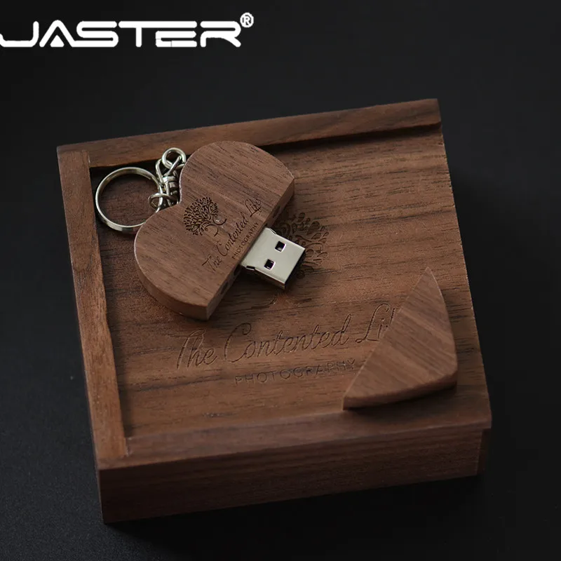 JASTER free logo wooden Heart-shaped gift+metal box USB Flash Drive 2.0 64GB 32GB 16GB 8GB U Disk photography wedding gifts jump drive