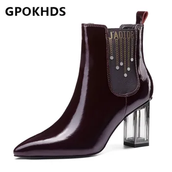 

GPOKHDS 2021 women Ankle boot Cow leather Winter short plush Pointed Toe Metal Decoration High heels female Chelsea boot size 40