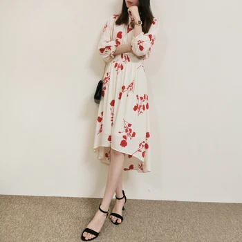 

2020 New Women Holiday Dress Robe Spring Summer Three Quarter Sleeve Asymmetrical Bohemian Midi Dress Beige Red Color