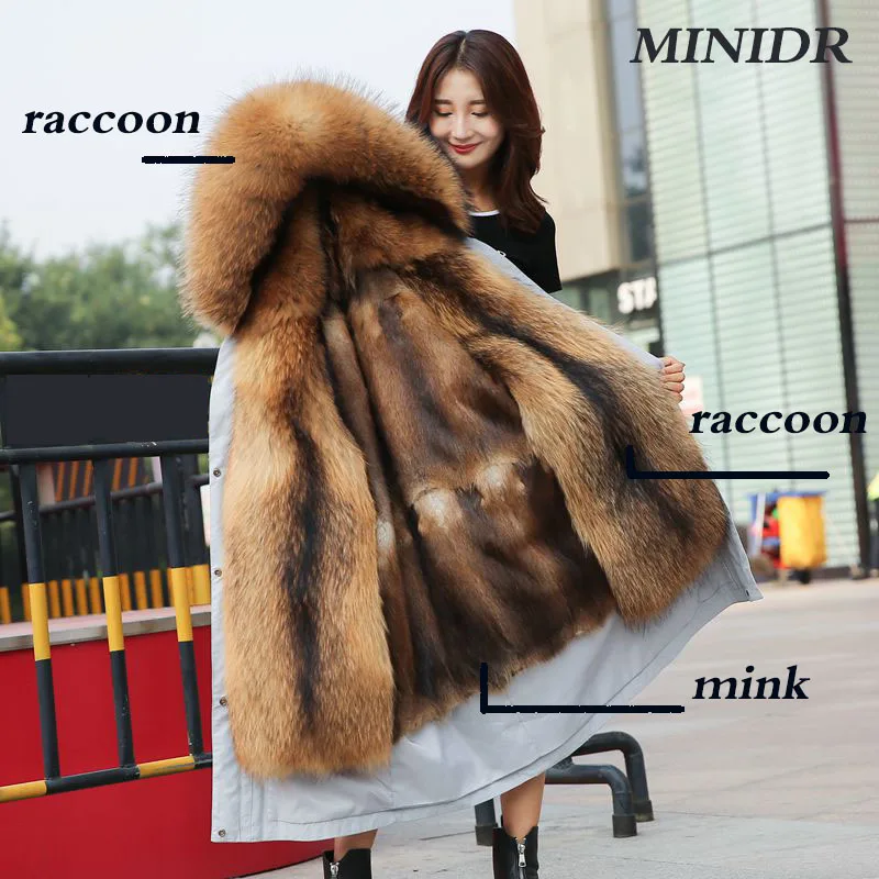 real fur coat winter jacket parka nutural raccoon fur collar real mink lining women coat drawstring waist