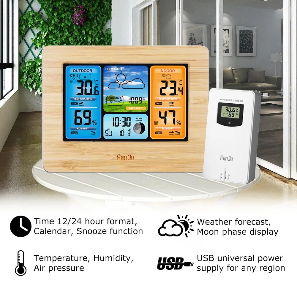 FJ3373Type Weather Station Digital Thermometer Wireless Hygrometer Sensor Forecast Temperature Watch Wall Desk Alarm Clock