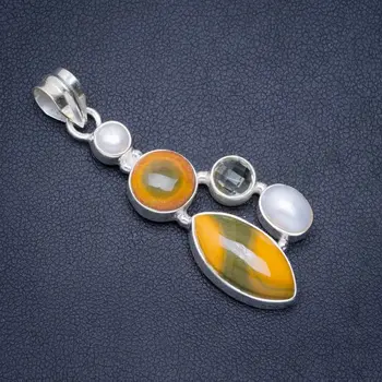

Natural Jasper,River Pearl and Green Amethyst Handmade Unique 925 Sterling Silver Pendant 2" A0316