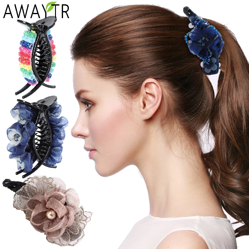 Fashion Ladies Crystal Hair Claw Flower Hairpin Clip Ponytail Hair Accessories