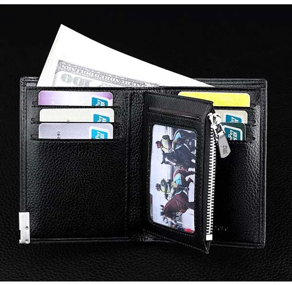 Мужской кошелек, черный кожаный кошелек с зажимом, отделение для карт, монета, карман на молнии, дизайн, кошелек для денег, мужской бизнес кошелек из воловьей кожи