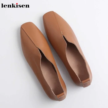 

Lenkisen hot cow leather low heels square toe ladies shoe slip on leisure fashion wear simple solid sweet autumn women shoes L39