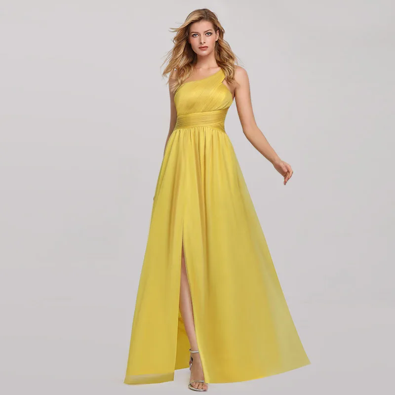 

Europe And America Sloping Shoulder Wrap-around Sleeveless A- line Dress Spread out Fork Yellow Long Skirts Annual General Meeti