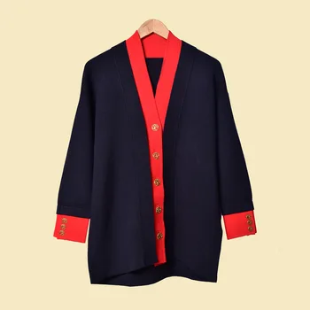 

19 Small Fragrance Contrast Color Piping Metal Row Buckle Knitting Cardigan Coat 91059