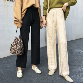 

Wild Drape Knitted Wide Leg Pants 2020 New Style for Autumn and Winter Loose High Waist Thin Thick Straight Casual Pants