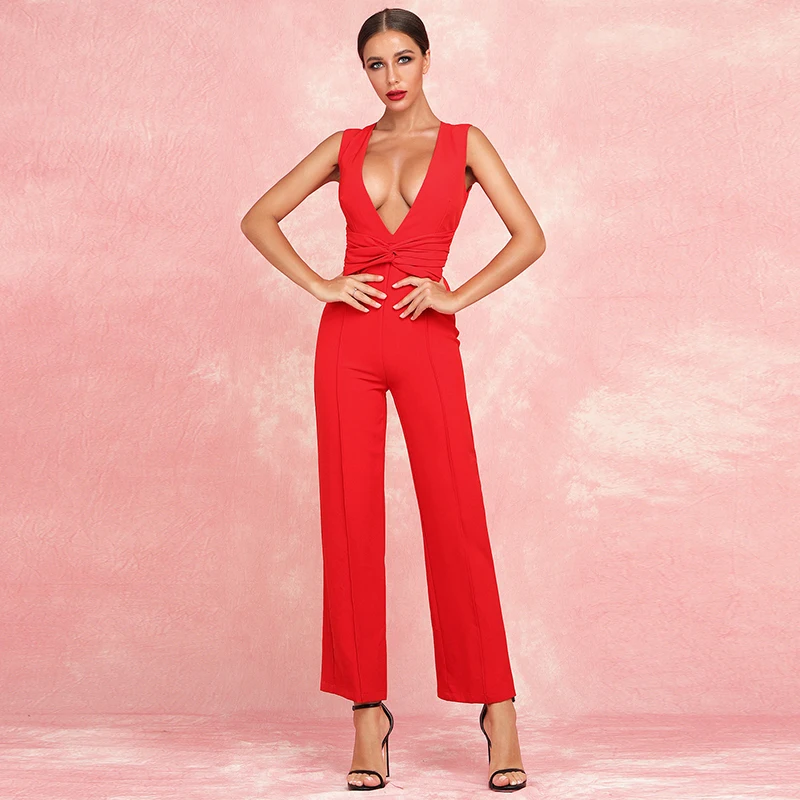 Gosexy, новинка, Vestidos, модный сексуальный комбинезон без рукавов с глубоким вырезом, элегантные женские вечерние прямые длинные штаны Красного цвета