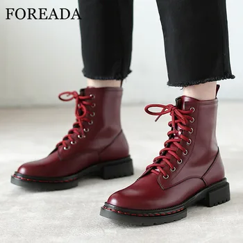

FOREADA Real Leather Ankle Boots Woman Low Heel Motorcycle Boots Lace Up Shoes Block Heel Lady Short Boots Autumn Wine Red Black