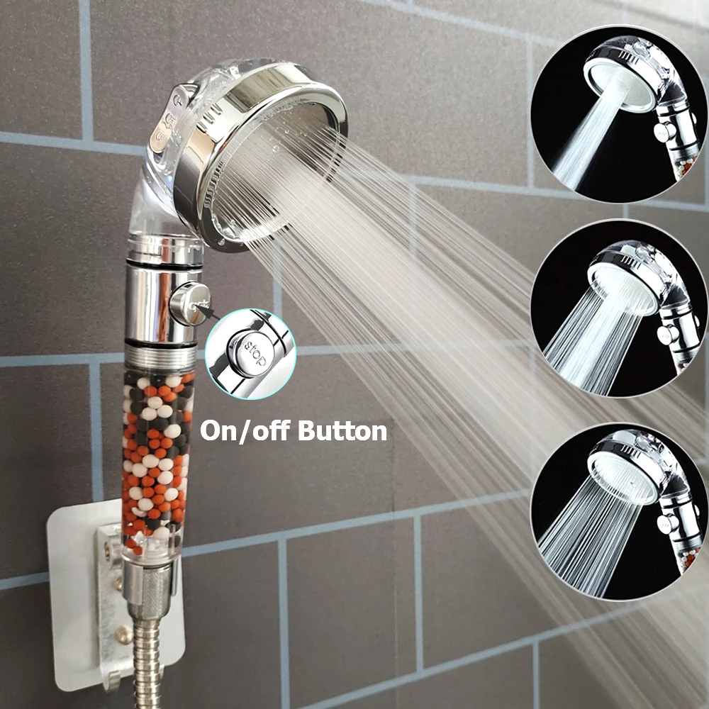 Hot Selling Bathroom 3 Modes High Pressure Adjustment Ionic Mineral Anion On/Off Switch Button Water Saving Handheld Shower Head |