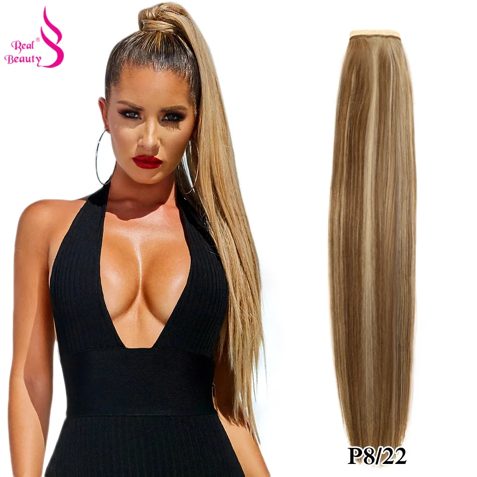 RealBeauty Clip in Ponytail Hair Extensions Brazilian Straight Real Human Hair Wrap Around Ponytail Hair Pieces Hightlight Soft
