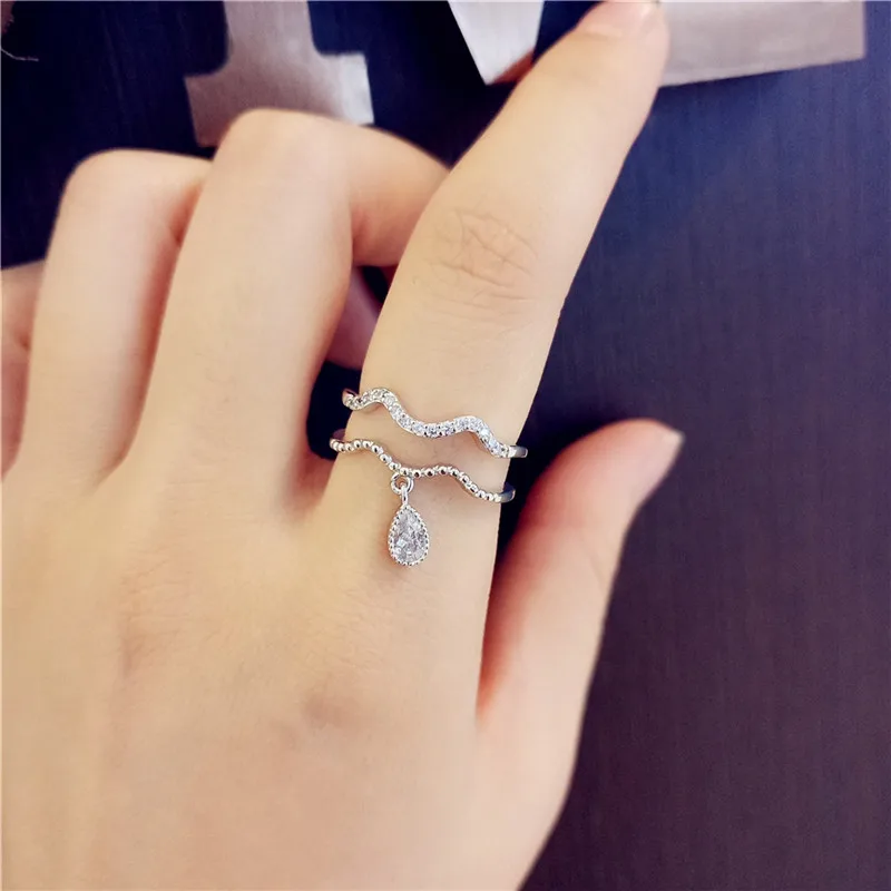 Корейская версия простой Стразы волна двойное кольцо серьги кольцо, элегантное кольцо на Для женщин кольцо на палец, подарок