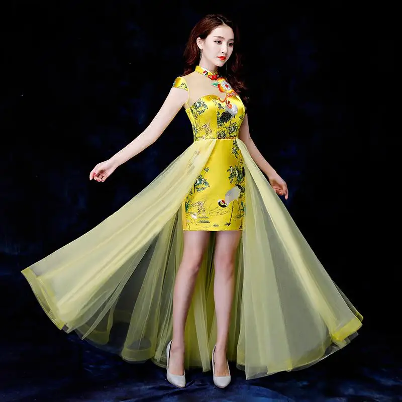 Китайский стиль с принтом журавля для женщин Ципао Винтаж Красный тонкий Cheongsam Классический воротник Мандарин Vestidos невесты свадебное платье
