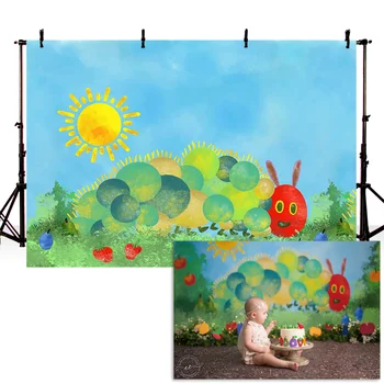 

Green Hungry Caterpillar Baby Birthday Photography Backdrops Sun Strawberry Blue Child Kid Portrait Backgrounds for Photo Studio