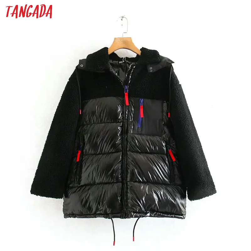 Tangada Женские флисовые Лоскутные Большие Длинные парки с капюшоном толстые карманы женские повседневные Черные зимние пальто 4M194