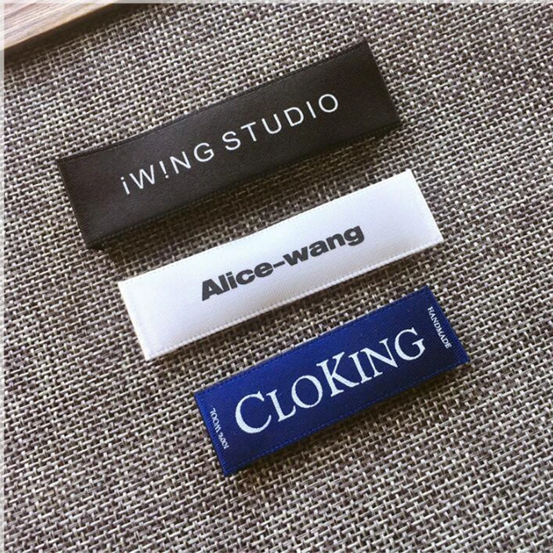 Sew on End Fold Soft Tags Custom Printed White Branding Fabric Black Satin Ribbon Neck Labels for Clothing