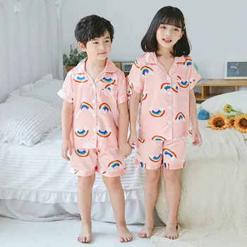 

2020 Kids Clothes Baby Pajama Sets for Boys Girls Cartoon Print Outfits Set Summer Short Sleeve Silk Tops+Shorts Sleepwear Set