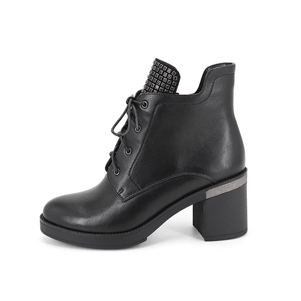black cowhide JSI/зимние женские ботинки до середины икры из натуральной кожи на шнуровке с круглым носком однотонные ботинки ручной работы на высоком квадратном каблуке Женская обувь, JC343 - Цвет: black cowhide