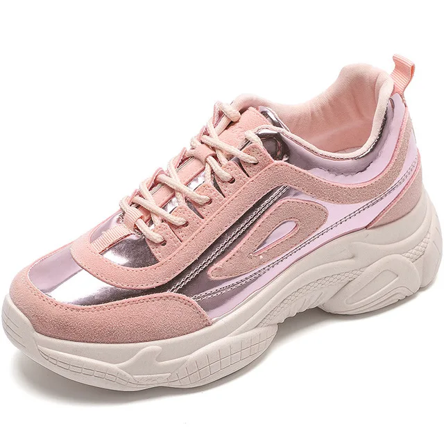 Розовые женские кроссовки на толстой подошве; женская обувь на платформе; модные серебристые женские кроссовки в стиле ретро, визуально увеличивающие рост - Цвет: Розовый