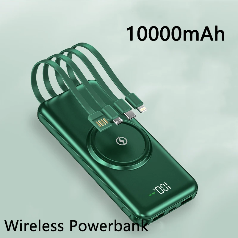 Qi Wireless Charger 10000mAh Power Bank For iPhone 12 11 Samsung External Battery Pack Built-in Cable Powerbank Portable Charger pocket power bank