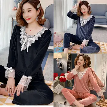 

2020 Autumn Winter Women Pyjamas Thicken Flannel Pajama Sets Golden Velvet Warm Love Pijama Girl Sleepwear Set Long Pant