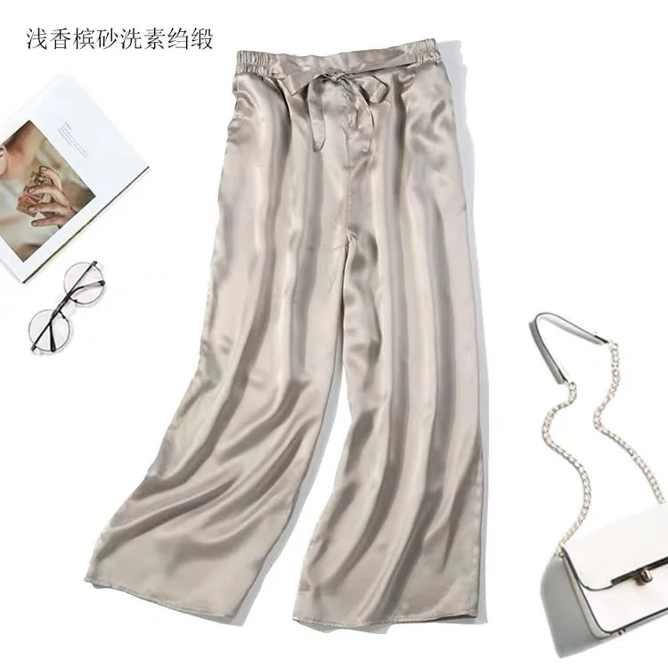 satin gary 2 Женские чистый шелк свободные длинные штаны брюки один размер черный темно-синий JN011 - Цвет: satin gary 2
