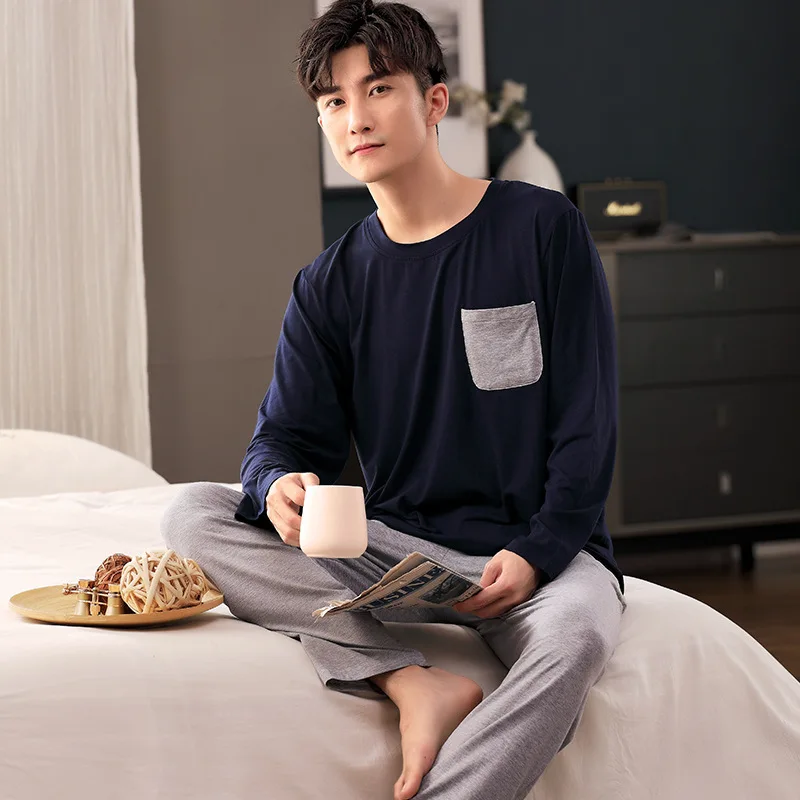 

Modal Men's Pajamas Long-sleeved Trousers Suit Casual Hedging Thin Section Home Service Increase Plus Fertilizer Pigiama Uomo