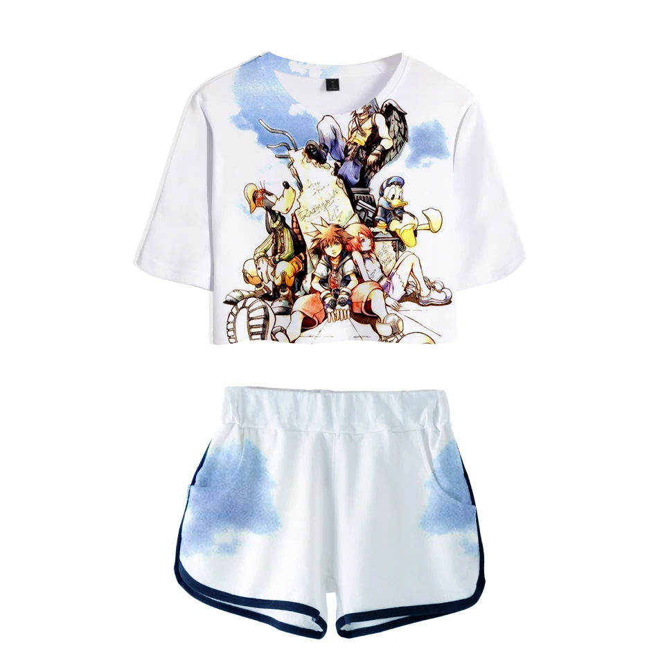 Футболки с принтом «Kingdom Hearts Midriff», шорты, комплекты для женщин,, аниме, 3D, крутой сексуальный костюм, милые женские летние отличные костюмы для девочек в стиле хип-хоп