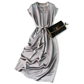 

New Rare good material 30 mu m blockbuster real silk crepe satin temperament of grey collar belt dress dress