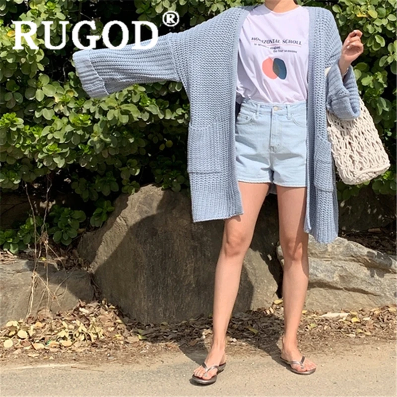RUGOD женский однотонный синий свитер кардиган с ажурным узором свободный ленивый стиль вязаное пальто осенний зимний модный femme Элегантный Теплый