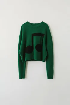 

Women Sweater Note Sweater Green Grey Wool Pullover Long Sleeve Loose Top
