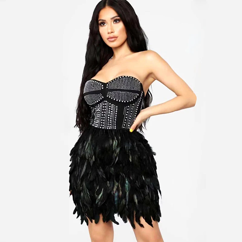 

High Quality Sexy Women Feathers Diamon Strapless Rayon Bandage Elegant Homecoming Evening Party Dress