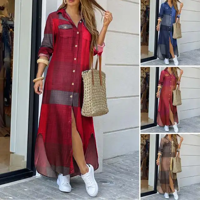 Long Sleeve Dress Checked Plaid Robe Maxi Beach Dress Summer Elegant Women Button Long Shirt Dress Split Print Lapel Party Robe 1