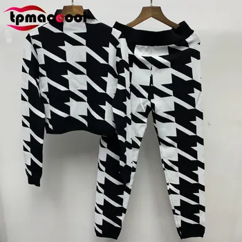 

Tpmaccool luxury designer 2 piece set Women black white plaided Navel Set Knitted Long-Sleeve top + pants two piece outfits S-L