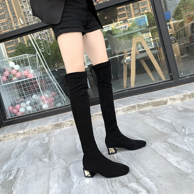 Botas estiradas sobre la rodilla para mujer 2019 invierno moda tacón de Metal mantener caliente ajustado muslo botas altas para mujer| | - AliExpress