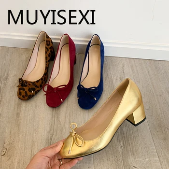 

Beauty butterfly-knot decoration pumps genuine leather round toe slip on 5.5cm high heel shallow women shoes DMJ07 MUYISEXI