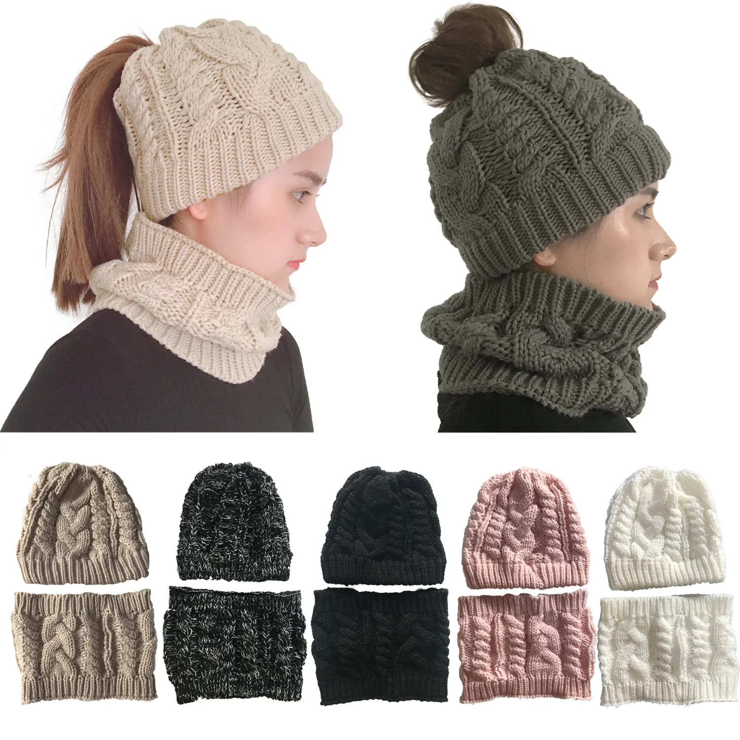Women Ponytail Mess Bun Beanie Hat Scarf Set Winter Warm Knitted Infinity and | Аксессуары для одежды