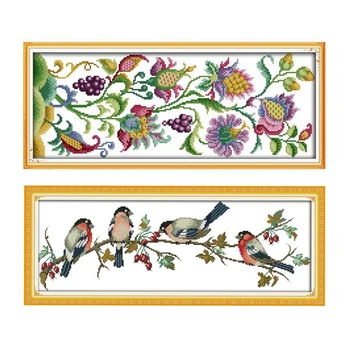 

2 Set DIY Handmade Needlework Cross Stitch Set Embroidery Kit - 11 CT Sparrow Pattern & 14CT Beautiful Flowers Pattern
