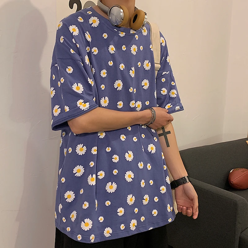

2020 Summer New Youth Popular Chrysanthemum Printing Five-point Sleeve T-shirt Fashion Casual Wild Loose Round Neck PulloverS-XL