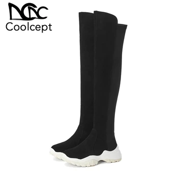 

CoolCept Women Real Leather Stretch Boots High Quality Over The Knee Boots Winter Casual Shoes Woman Round Toe Botas Size 34-40