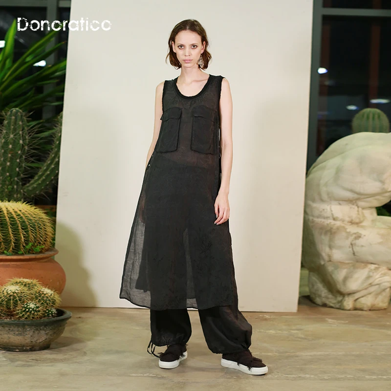 Donoratico zomer nieuwe zwarte jurk pocket art hoge gevorkte moerbei zijden jurk Donoratico zomer nieuwe zwarte jurk pocket art hoge gevorkte moerbei zijden jurk