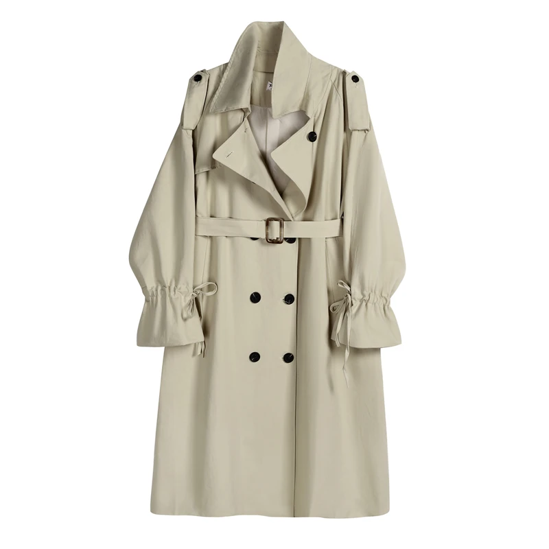 

Korean autumn retro lapel waist long sleeve drawstring long windbreaker jacket women