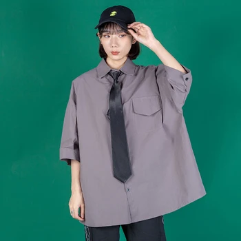 

Women Short Sleeve Tie Collar Loose Casual Japan Style Blouse Tops Female Men Streetwear Hip Hop Plus Size Shirt Summer 2020