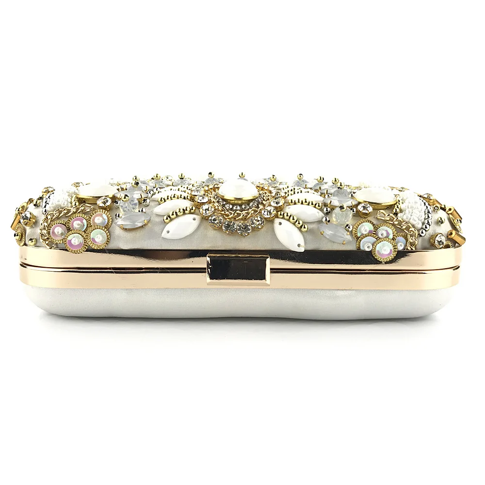 Luxy Moon Bead Embroidered Gold Satin Clutch Bag Top View